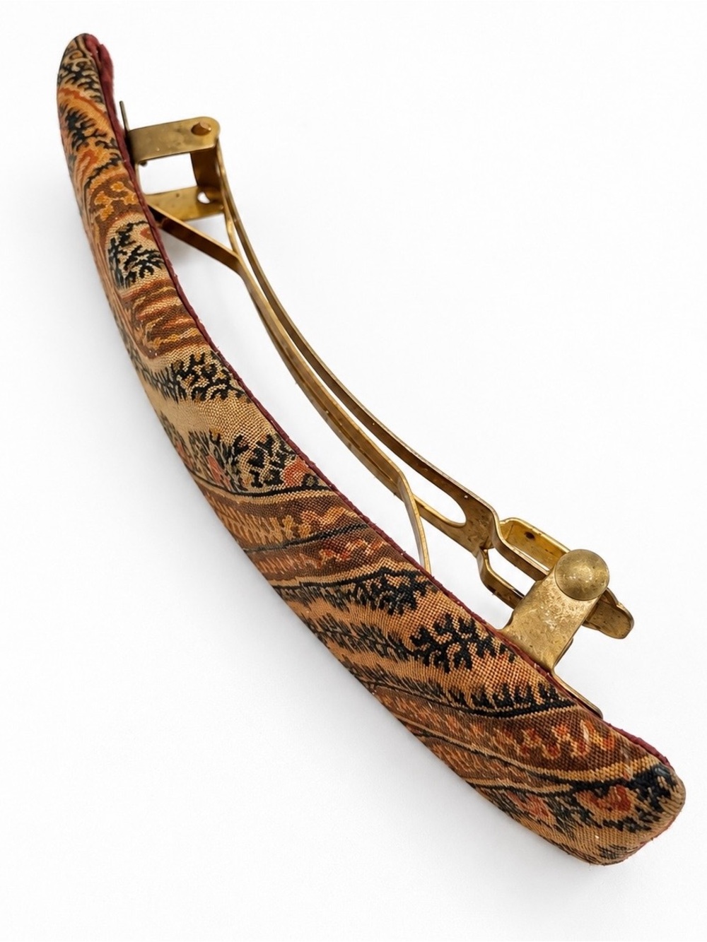 Vtg Etro Barrette Paisley Brown Fabric Rectangle Tan Orange Curve Narrow Floral
